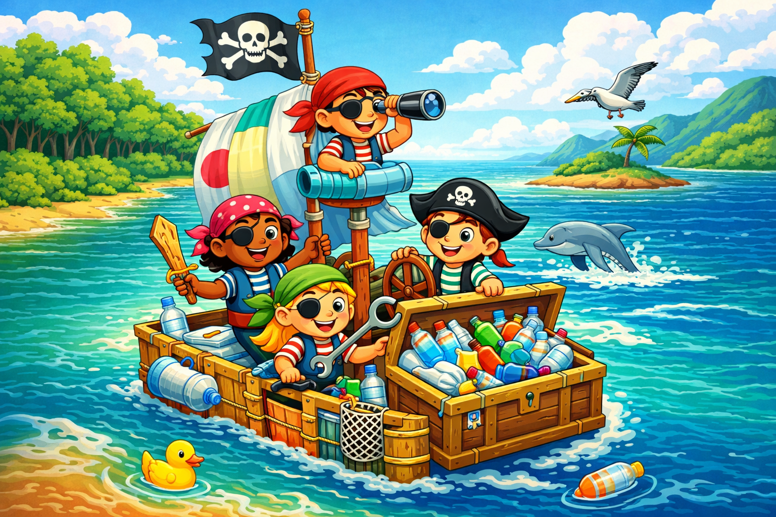 Cartoon children dressed as pirates collecting plastic waste from the ocean on a small raft.